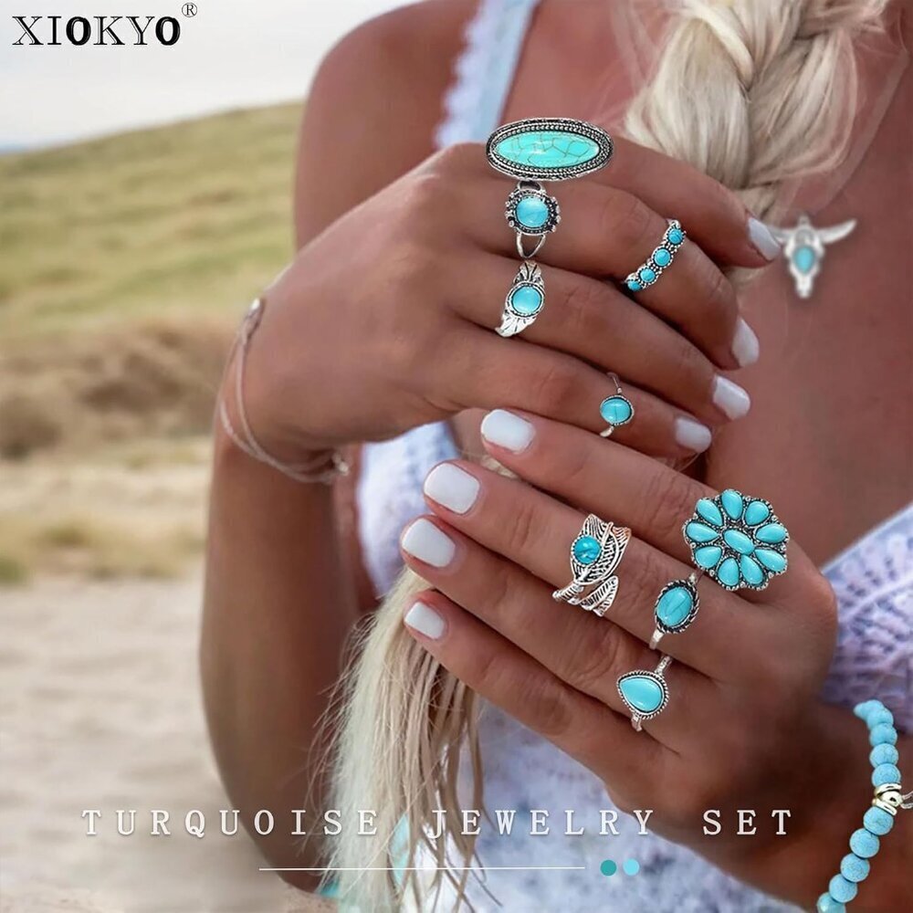 Turquoise Jewelry Set Women Western Boho Necklace Rings Earrings Bracelets - Picture 9 of 9